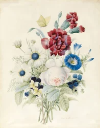 Un mazzo di fiori tra cui una rosa, una convolvolo blu e viole del pensiero