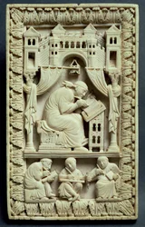 San Gregorio che scrive con scribi sotto, Scuola Franco-Tedesca, c.850-875
