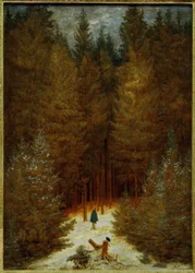 Il cacciatore nel bosco (Una foresta di abeti innevata)
