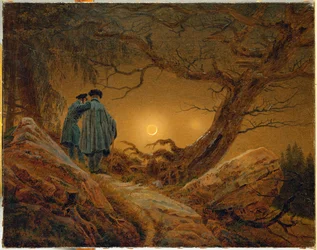 Due uomini che contemplano la luna (olio su tela)