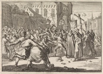 Una processione a Danzica viene salutata con lancio di pietre dal popolo, 1678