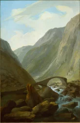 Valle alpina con ponte di pietra