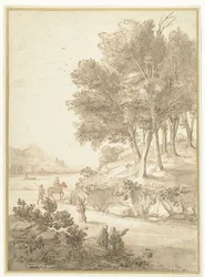 Paesaggio italianizzante con figure lungo una strada e un fiume sullo sfondo