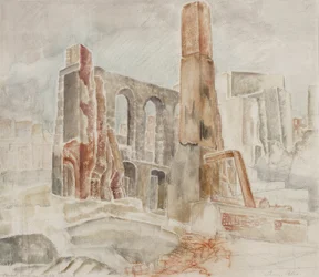 Casa bombardata a Temple Gardens, 1944 circa (matita e acquerello su carta)