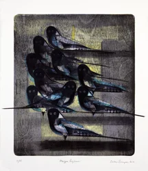 Ritmo di gazza, 2016 (litografia mokulito con colorazione a mano)