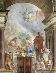 Lorenzo il Magnifico parla con la Prudenza, affresco di Francesco Montelatici detto Cecco Bravo, Museo degli Argenti, Palazzo Pitti, Firenze, Italia