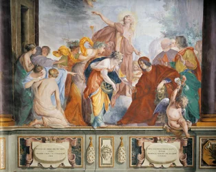 Lorenzo accoglie le Muse e le Virtù accompagnate da Apollo a Firenze, di Francesco Montelatici noto come Cecco Bravo, affresco