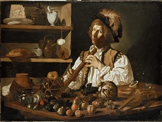 Interno con natura morta e giovane uomo con flauto dolce (XVII secolo)
