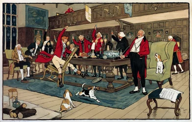 Colazione del cacciatore. Di ritorno dalla caccia, i cacciatori raccontano le loro imprese. Incisione di Cecil Aldin (1870 -? ), Inghilterra. Coll. Go.