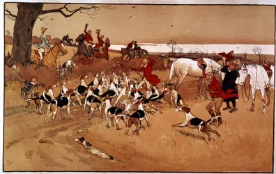 Scena di caccia; tiro. Incisione di Cecil Aldin (1870 -?), Inghilterra. Collezione privata