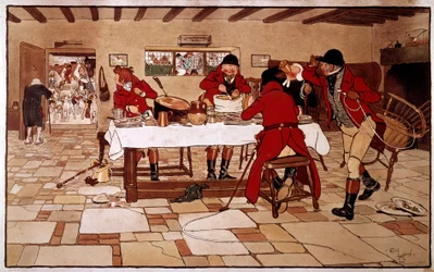 Lo spuntino dei tre piccioni. I cacciatori cucinano e mangiano velocemente prima di partire per la caccia. Incisione di Cecil Aldin