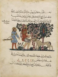 Medico greco Erasistrato con un assistente, foglio da una traduzione araba della Materia Medica di Dioscoride, 1224