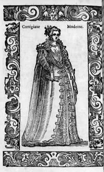 Rinascimento: una cortigiana romana nel XVI secolo. Incisione da "Costumi Moderni e Antichi" di Cesare Vecellio