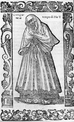 Rinascimento: una cortigiana al tempo di Papa Pio V (1566-1572). Incisione da Modern and Ancient Costumes di Cesare Vecellio