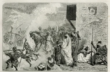 Un giovane ragazzo trionfa al ritorno della cerimonia di circoncisione, in mezzo alla folla che spara colpi in aria, mentre urla e si diverte, incisione di C.Biseo per illustrare la storia Le Maroc di Edmondo de Amicis, nel 1877