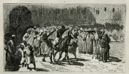 La punizione di un ladro, salito su un mulo, riceve bastonate sotto gli scherni della folla, incisione di C.Biseo, per illustrare la storia Le Maroc di Edmondo de Amicis, nel 1875, pubblicato in Le tour du monde