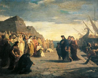 Agrippina arriva al porto di Brindisi con le ceneri di Germano, di Cesare Caroselli (1847-1927), dinastia Julio-Claudia, Italia