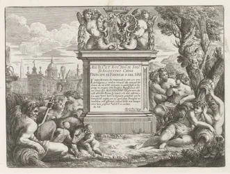 Dedica e stemma di Agostino Chigi e veduta di Roma