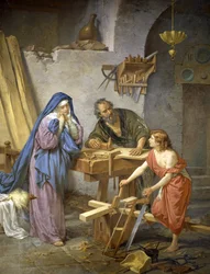 Giuseppe, Maria e Gesù nella falegnameria