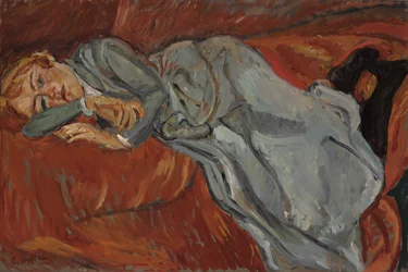 Donna sdraiata su un divano rosso; Femme couchée sur un divan rouge, c.1916