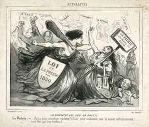 Illustrazione di Cham (1819-1879) in Le Charivari, circa 1850-4-3 - La nuova legge sulla stampa - Censura, Stampa/Media, Legge - Proudhon Pierre-Joseph (1809-1965), Girardin Emile de (1806-1881) - Allegoria