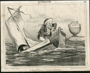 Illustrazione di Cham (1819-1879) in Le Charivari, circa 1850 - Il Principe di Joinville con un cattivo pilota - Elezioni, Presidente della Repubblica, Marina Marittima Nautica Balneare - Thiers Adolphe, François d