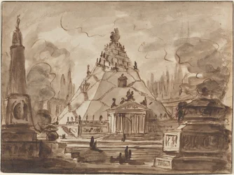 Fantasia architettonica con mausoleo piramidale, 1747 circa (penna e inchiostro marrone con lavaggio marrone su carta vergata)