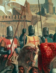 Cavalieri Crociati, dettaglio dalla Battaglia di Ascalona tra Goffredo di Buglione e gli Egiziani di Al Afdal, di Charles-Philippe Lariviere