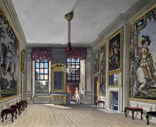 Sala delle udienze della Regina, incisione di William James Bennett (1787-1844), basata sul progetto di Charles Wild (1781-1835), da The History of the Royal Residences