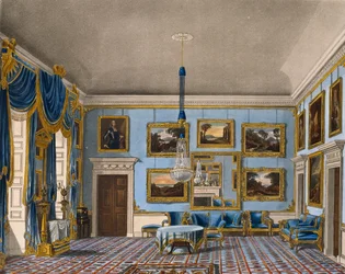 Sala di velluto blu, incisione di Daniel Havell, basata su un disegno di Charles Wild, da The History of the Royal Residences