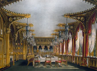 Sala da pranzo gotica, incisione di Thomas Sutherland, basata su un disegno di Charles Wild, da The History of the Royal Residences