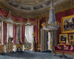 Salotto in raso rosa, incisione di Richard Reeve su disegno di Charles Wild, da The History of the Royal Residences