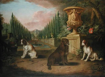 Tre spaniel in un giardino formale, c.1730