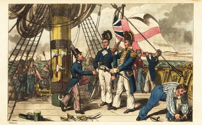 Il capitano Spring nomina il guardiamarina Newcome suo aiutante di campo e gli consegna la spada sul ponte della HMS Victory