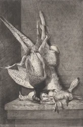 Trofeo di caccia con uccelli selvatici e coniglio, 1850-1900