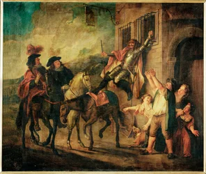 Don Quichotte attache a unse fenetre par la malice de Maritorne - Don Qijote, per la cattiveria di Maritorne, viene legato a una finestra ...