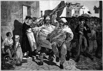 Servizio militare: il sorteggio in Borgogna, coscritti vicino a Mâcon. Incisione di Montbart in "Il mondo illustrato" n.1299 del 18 febbraio 1882
