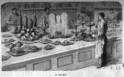 Cucine del Palazzo delle Tuileries: Preparazione dei dessert durante una ricezione sotto il Secondo Impero. Incisione di Barbant