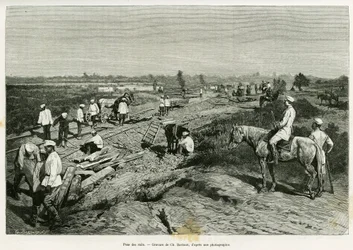 Posa dei binari transcaspiani. Incisione di Ch. Barbant per illustrare la storia Viaggio a Merv, di Edgar Boulanger, in le tour du monde 1887, diretto da Edouard Charton (1807-1890), Hachette, Parigi