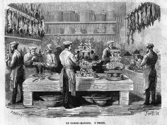 La guardia fredda delle cucine del Palazzo delle Tuileries nel 1864 durante una ricezione sotto il Secondo Impero. Incisione a fuoco