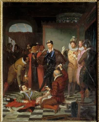 Enrico III, re di Francia, spinge il corpo di Enrico I di Lorena, duca di Guisa, detto lo Sfregiato (1550-1588), dopo il suo assassinio al castello di Blois
