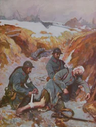 Infermiera della Croce Rossa che cura una ferita durante la Prima Guerra Mondiale