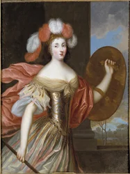 Olympe Mancini, contessa di Soissons, come Atena - Ritratto di Olympia Mancini (1638-1708), contessa di Soissons, come Atena, di Charles Beaubrun (1604-1692). Olio su tela. Dimensioni: 130x99 cm. Nationalmuseum Stockholm