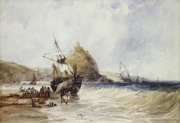 Scarico di una nave costiera sotto il Monte San Michele