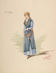 Progetto di costume per Andrey [a], foglio descrittivo degli accessori [b], 1889