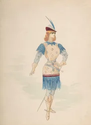 Costume per un cavaliere in blu e bordeaux con cappello piumato e spada
