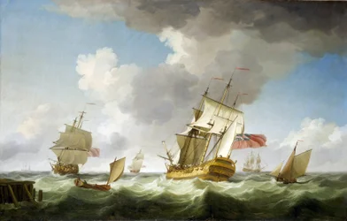 Una nave mercantile della Compagnia Britannica delle Indie Orientali in forte vento, vicino al molo, che ha appena lasciato