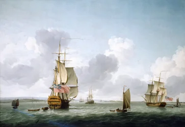 Una nave con due ponti e una fregata che risale il Tamigi (Inghilterra), al largo di Gravesend