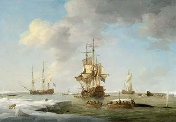 Pesca in Groenlandia: baleniere inglesi nel ghiaccio, c.1750