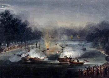 Vista di una finta battaglia sul Serpentine, Hyde Park, Londra, 1814